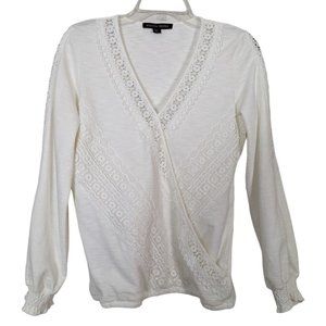 Boston Proper V neck‎ long sleeve faux wrap front white blouse with lace Sz S